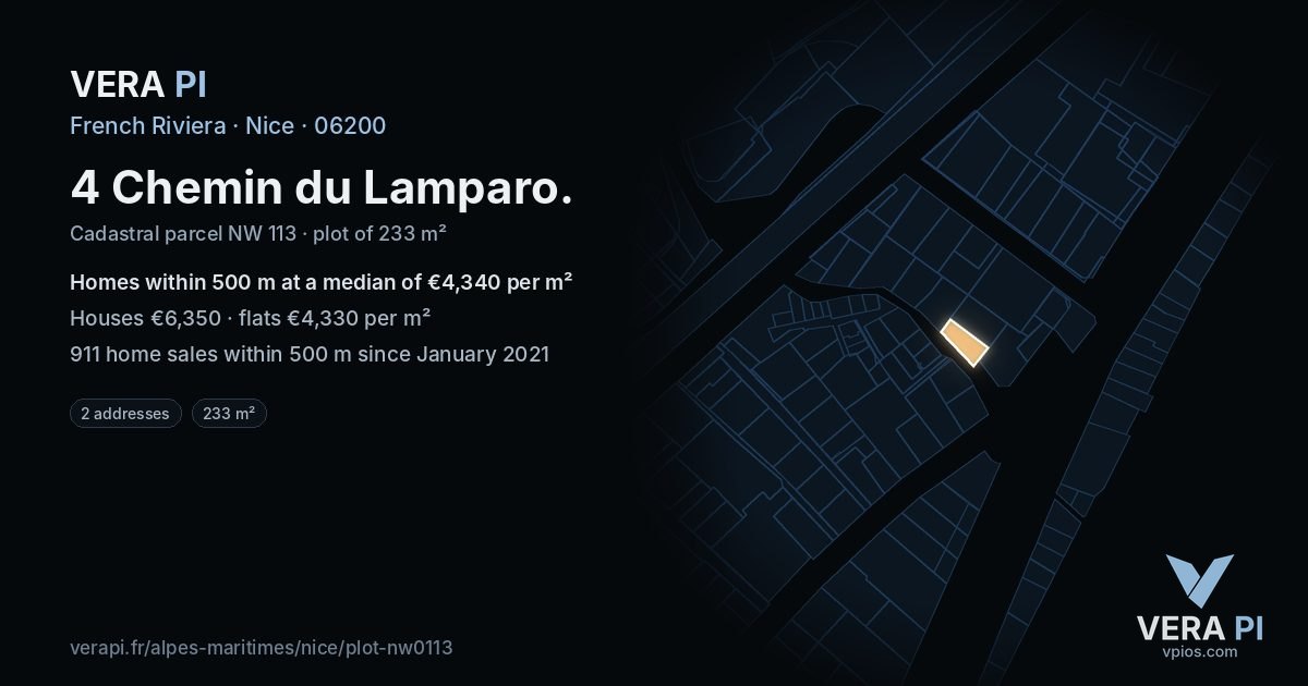 4 Chemin du Lamparo, Nice at night – the plot lit, the parcels around coloured by the prices near them