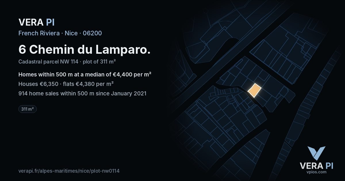 6 Chemin du Lamparo, Nice at night – the plot lit, the parcels around coloured by the prices near them
