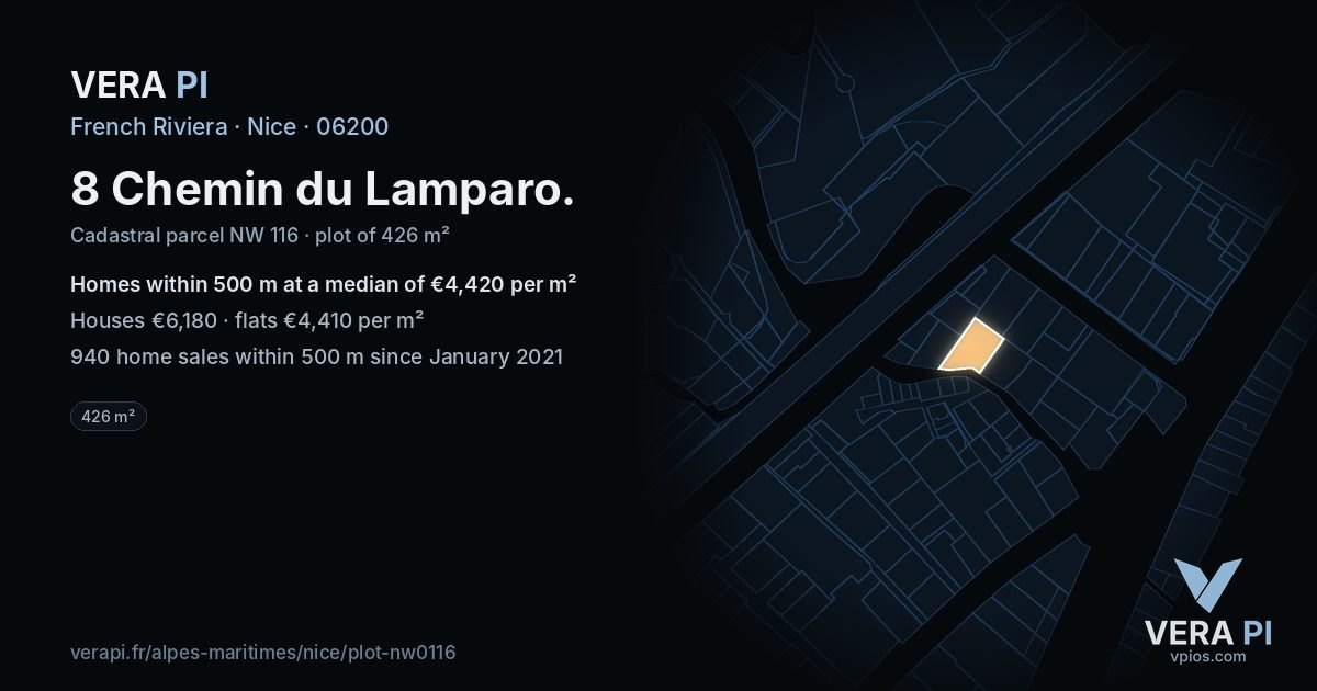8 Chemin du Lamparo, Nice at night – the plot lit, the parcels around coloured by the prices near them