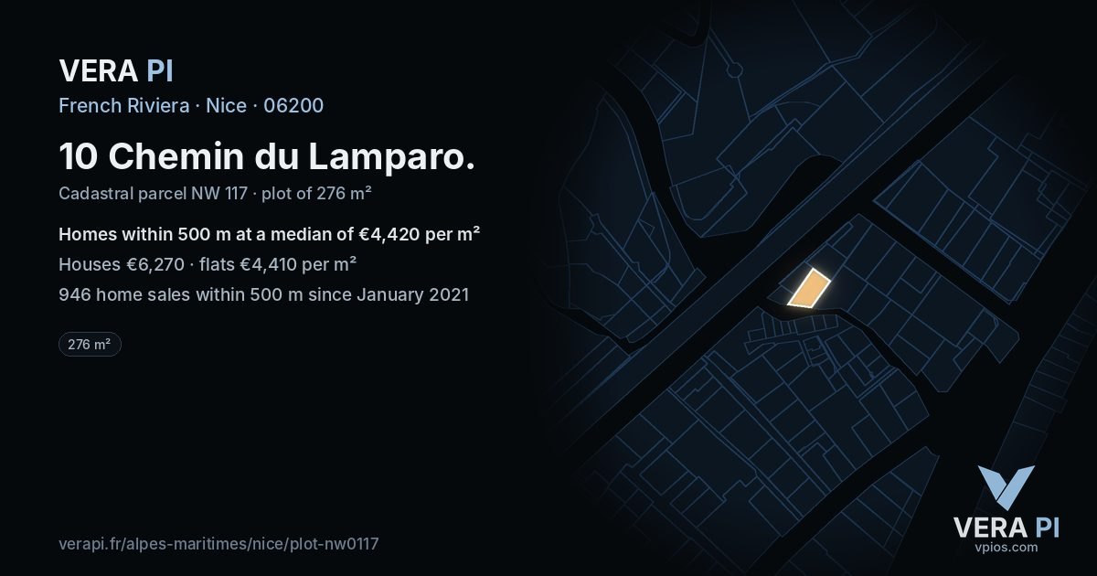 10 Chemin du Lamparo, Nice at night – the plot lit, the parcels around coloured by the prices near them