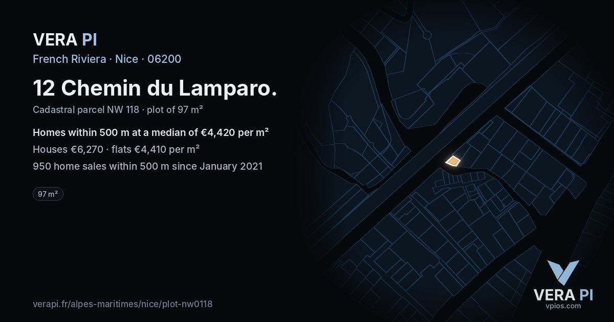 12 Chemin du Lamparo, Nice at night – the plot lit, the parcels around coloured by the prices near them