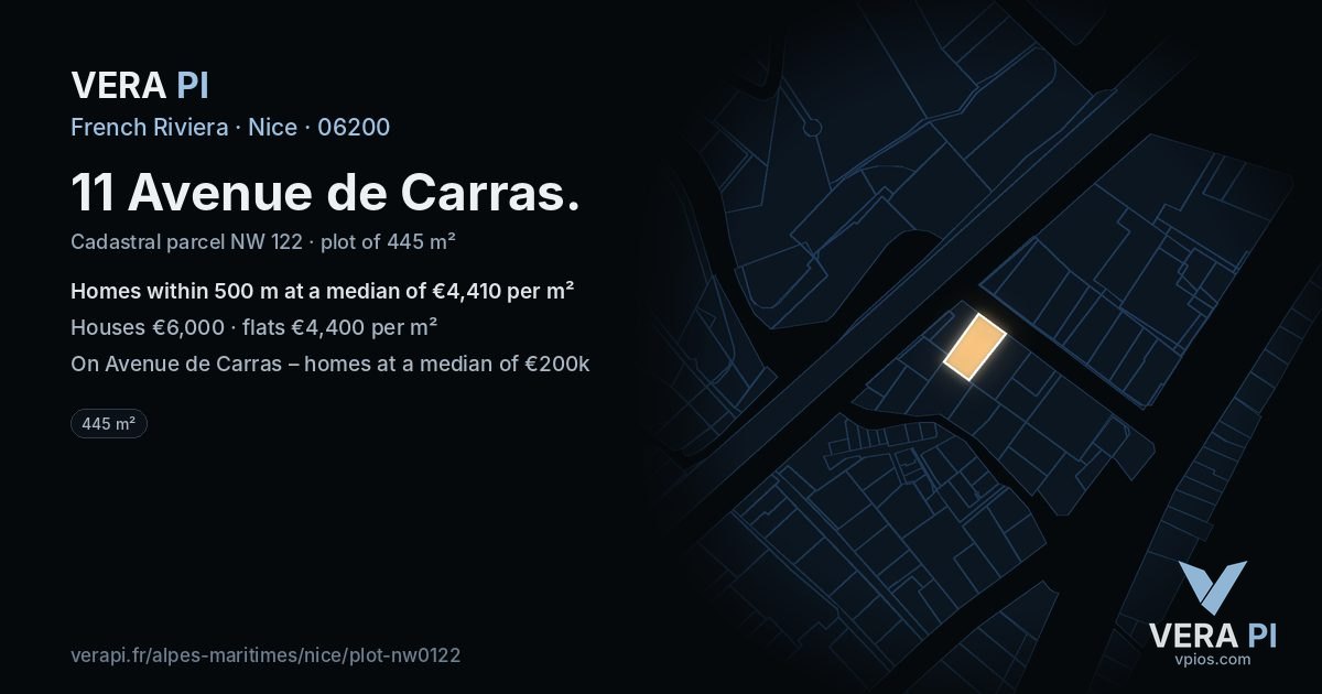 11 Avenue de Carras, Nice at night – the plot lit, the parcels around coloured by the prices near them