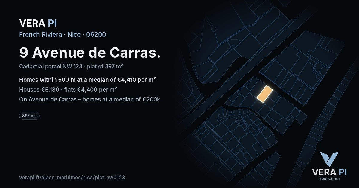 9 Avenue de Carras, Nice at night – the plot lit, the parcels around coloured by the prices near them