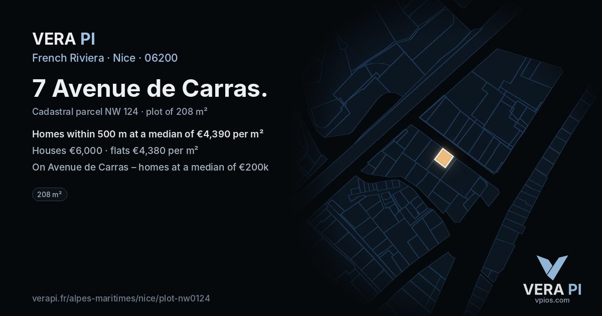 7 Avenue de Carras, Nice at night – the plot lit, the parcels around coloured by the prices near them