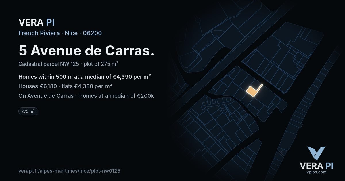 5 Avenue de Carras, Nice at night – the plot lit, the parcels around coloured by the prices near them