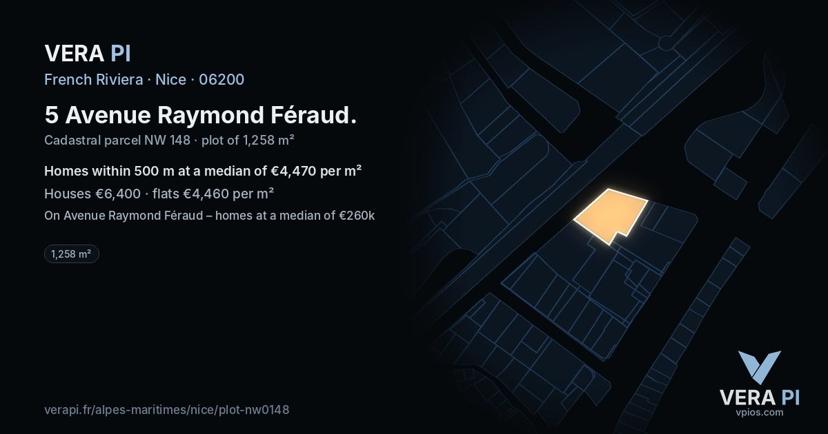 5 Avenue Raymond Féraud, Nice at night – the plot lit, the parcels around coloured by the prices near them