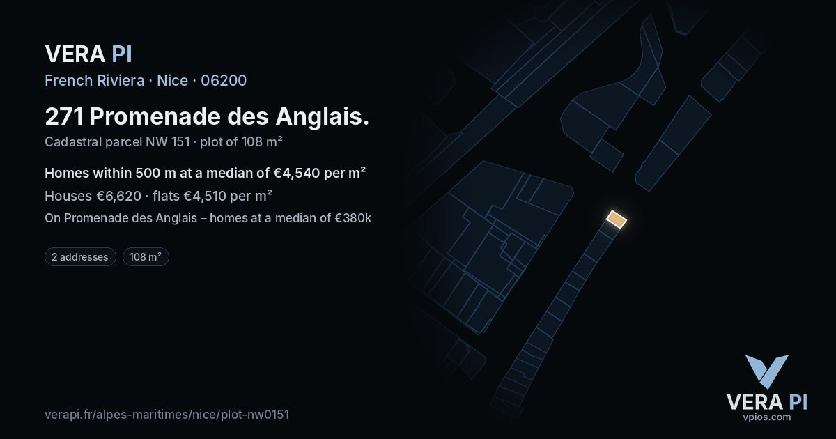 271 Promenade des Anglais, Nice at night – the plot lit, the parcels around coloured by the prices near them