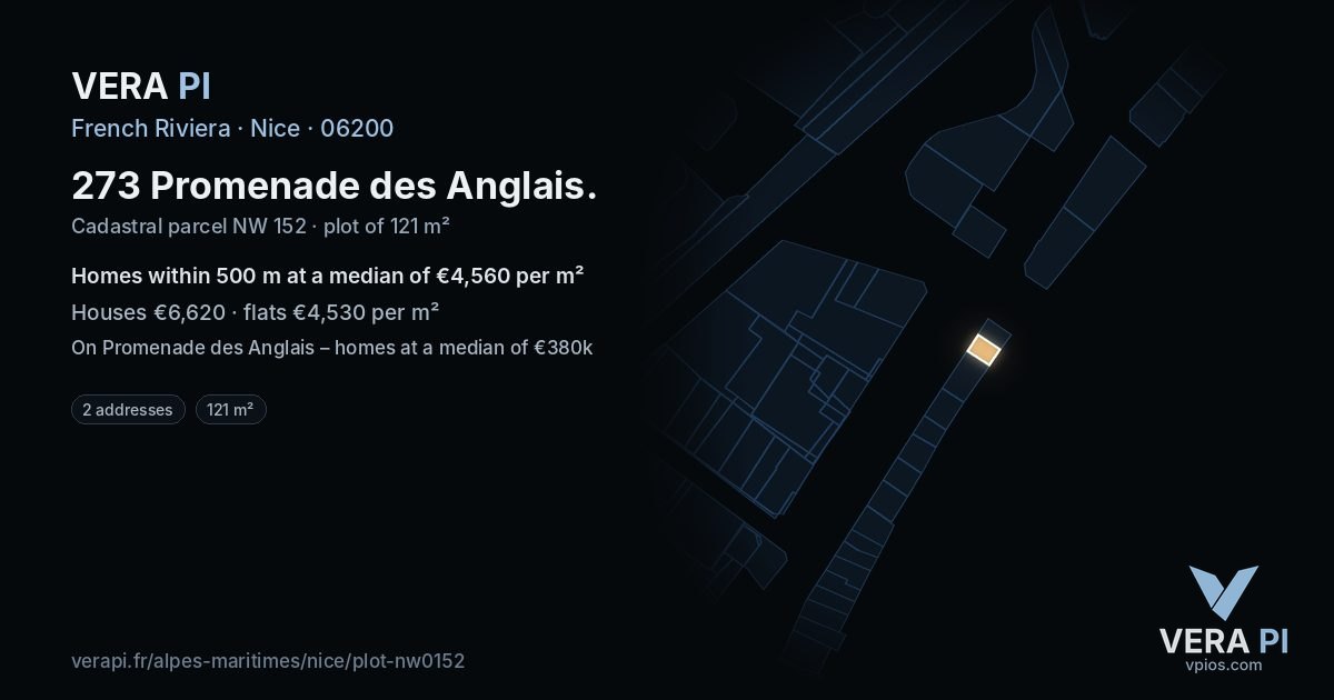 273 Promenade des Anglais, Nice at night – the plot lit, the parcels around coloured by the prices near them