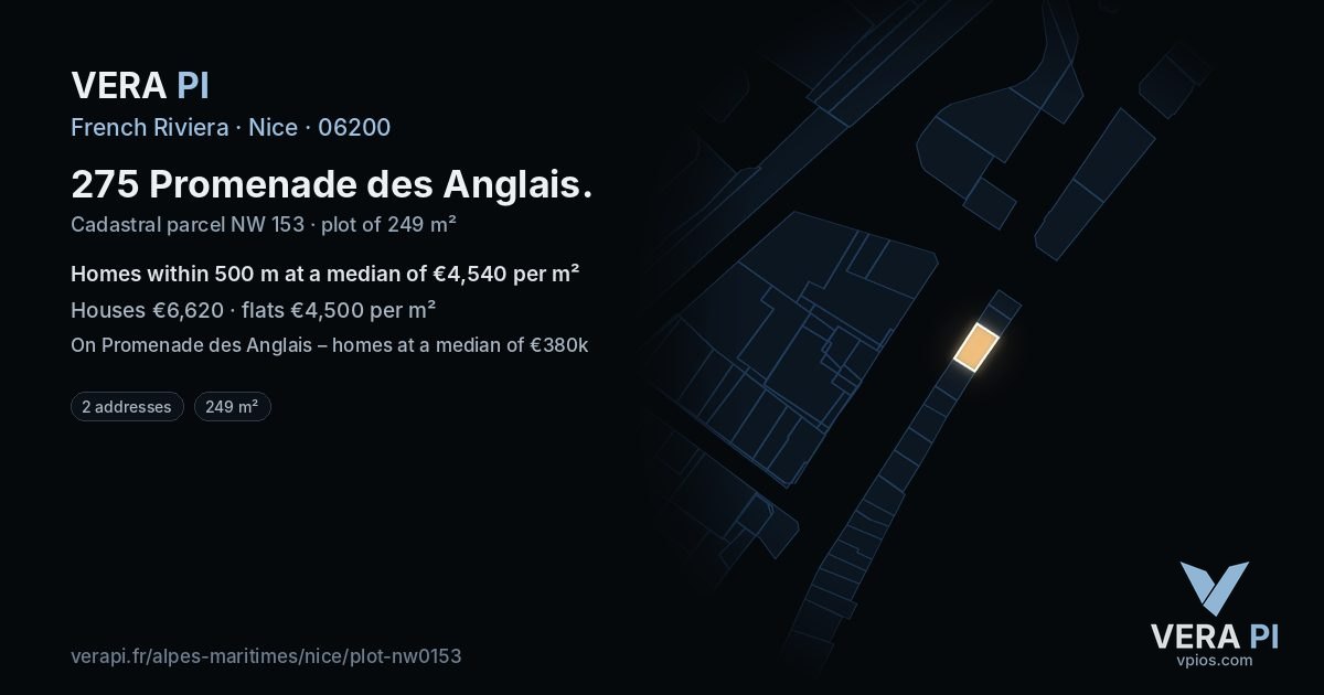 275 Promenade des Anglais, Nice at night – the plot lit, the parcels around coloured by the prices near them