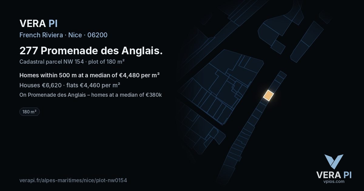 277 Promenade des Anglais, Nice at night – the plot lit, the parcels around coloured by the prices near them