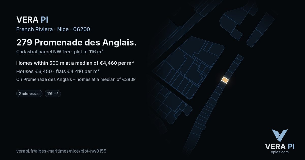 279 Promenade des Anglais, Nice at night – the plot lit, the parcels around coloured by the prices near them