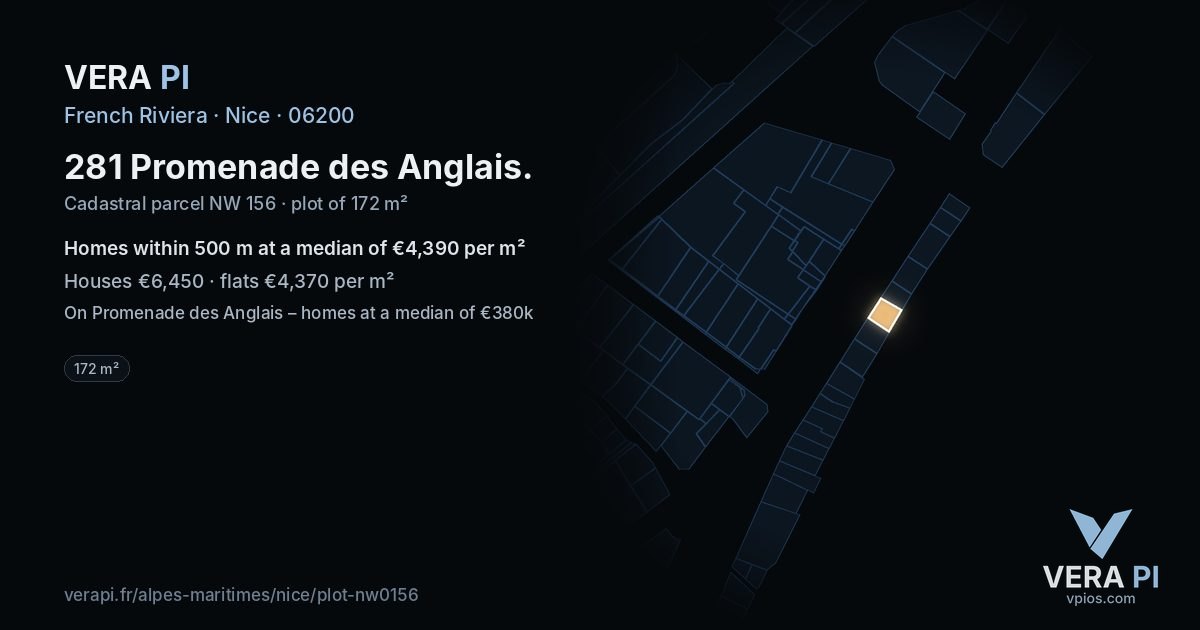 281 Promenade des Anglais, Nice at night – the plot lit, the parcels around coloured by the prices near them