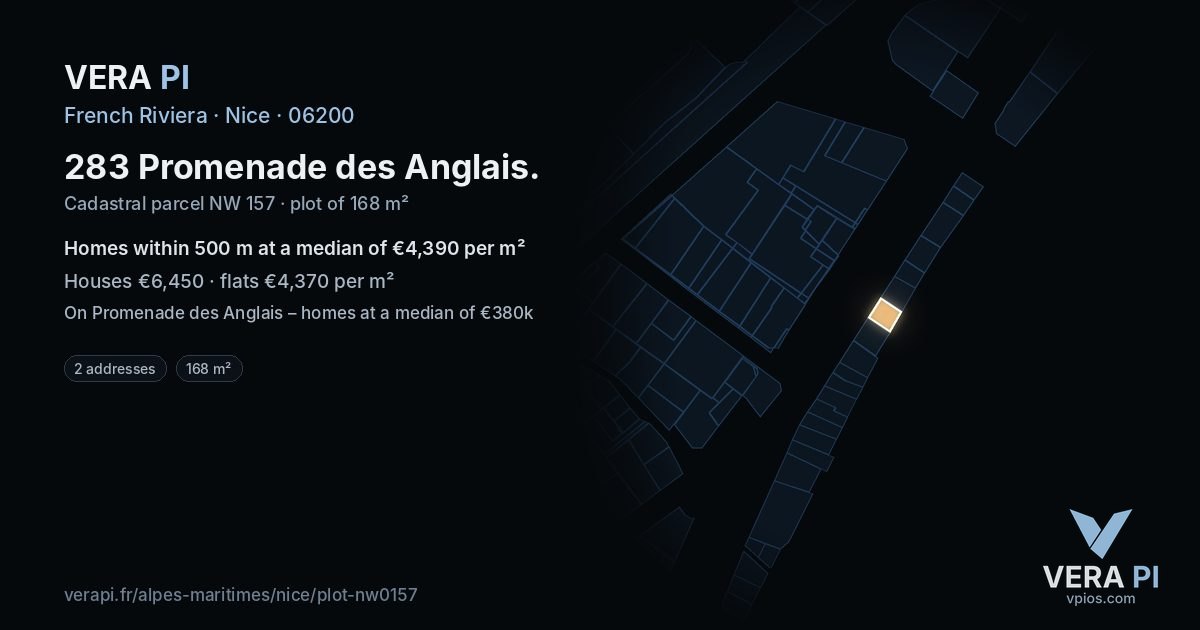283 Promenade des Anglais, Nice at night – the plot lit, the parcels around coloured by the prices near them