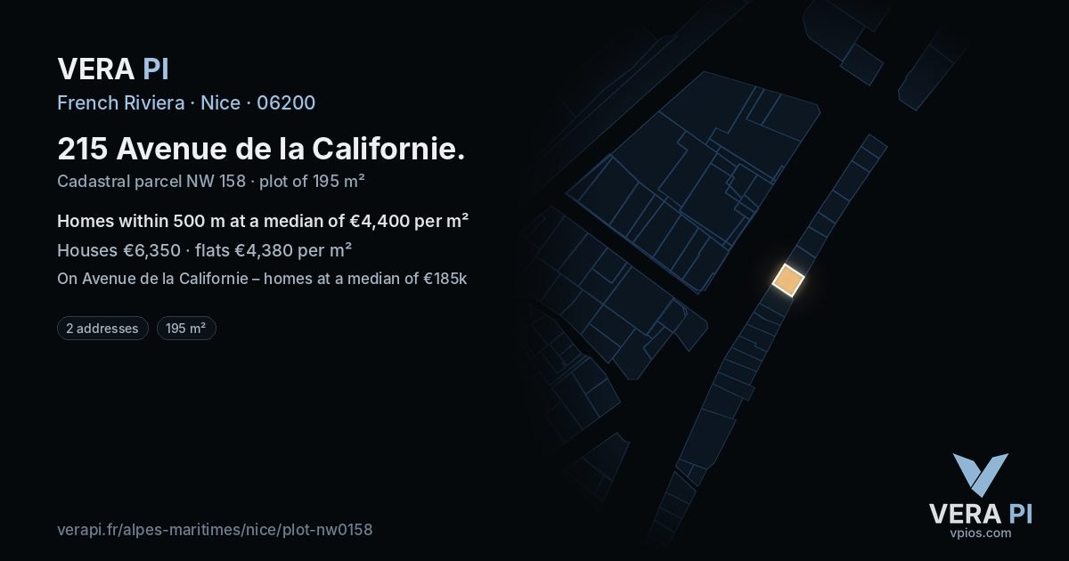 215 Avenue de la Californie, Nice at night – the plot lit, the parcels around coloured by the prices near them
