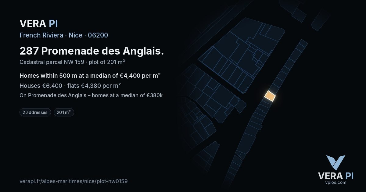 287 Promenade des Anglais, Nice at night – the plot lit, the parcels around coloured by the prices near them
