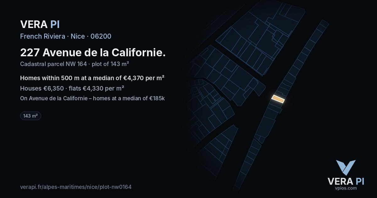 227 Avenue de la Californie, Nice at night – the plot lit, the parcels around coloured by the prices near them