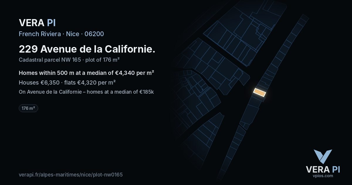 229 Avenue de la Californie, Nice at night – the plot lit, the parcels around coloured by the prices near them