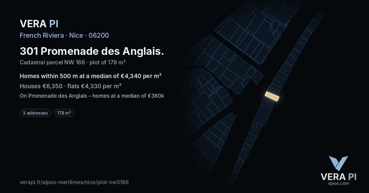 301 Promenade des Anglais, Nice at night – the plot lit, the parcels around coloured by the prices near them
