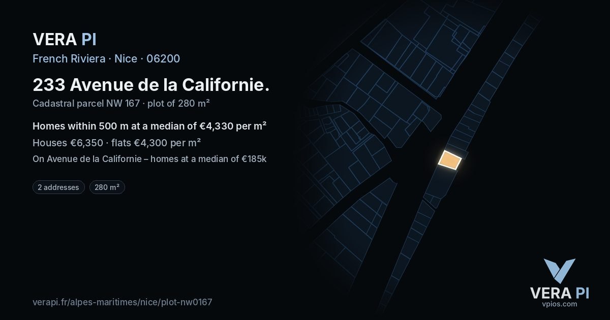 233 Avenue de la Californie, Nice at night – the plot lit, the parcels around coloured by the prices near them