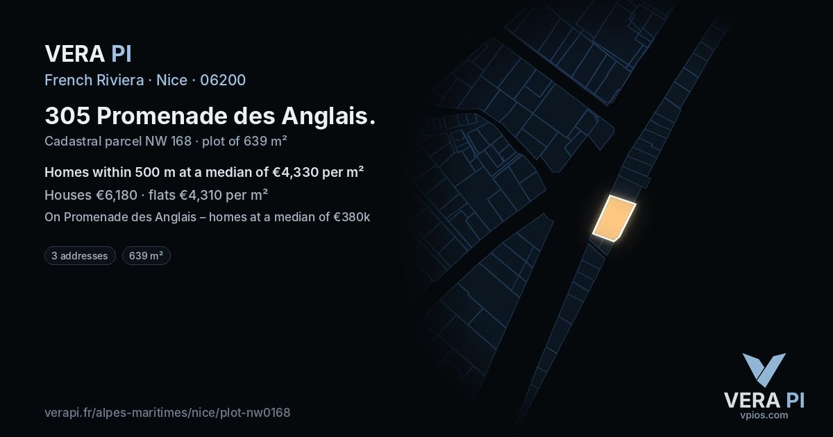 305 Promenade des Anglais, Nice at night – the plot lit, the parcels around coloured by the prices near them