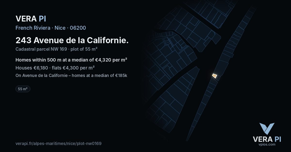 243 Avenue de la Californie, Nice at night – the plot lit, the parcels around coloured by the prices near them