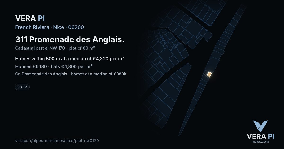 311 Promenade des Anglais, Nice at night – the plot lit, the parcels around coloured by the prices near them