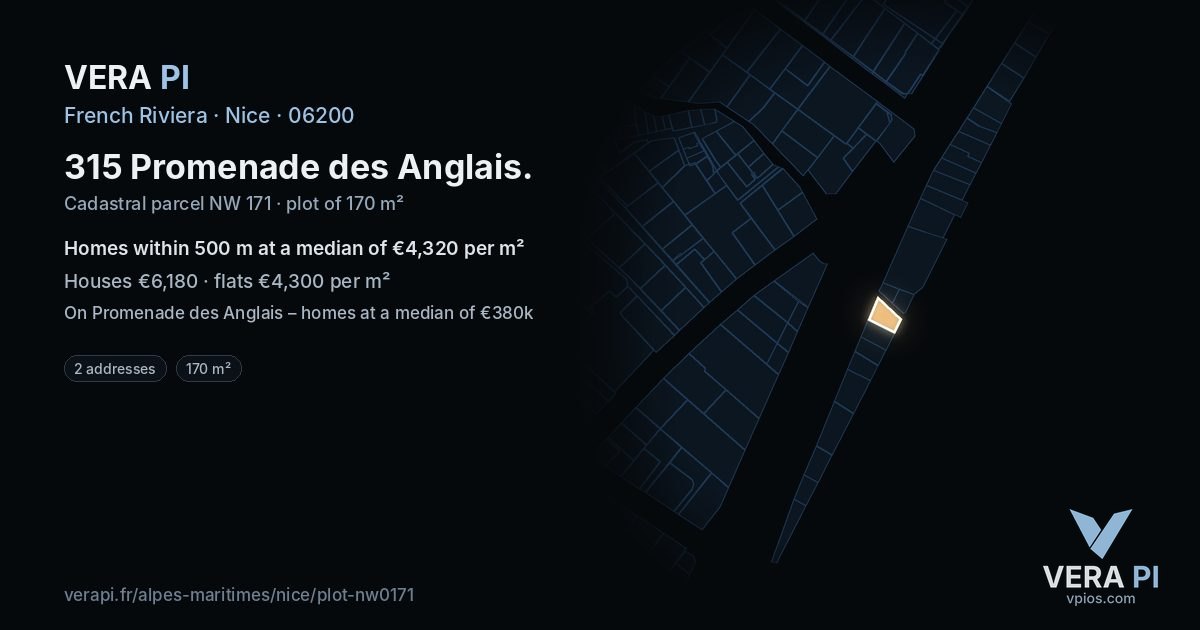 315 Promenade des Anglais, Nice at night – the plot lit, the parcels around coloured by the prices near them