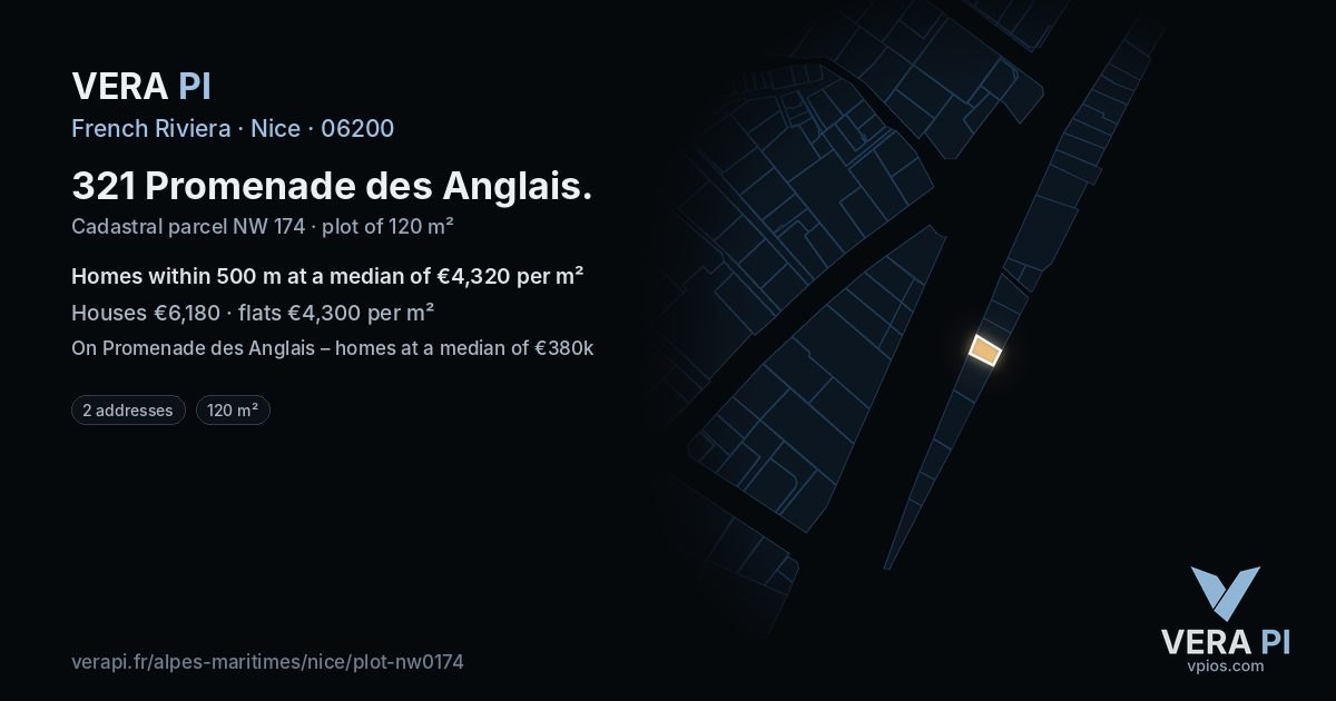 321 Promenade des Anglais, Nice at night – the plot lit, the parcels around coloured by the prices near them