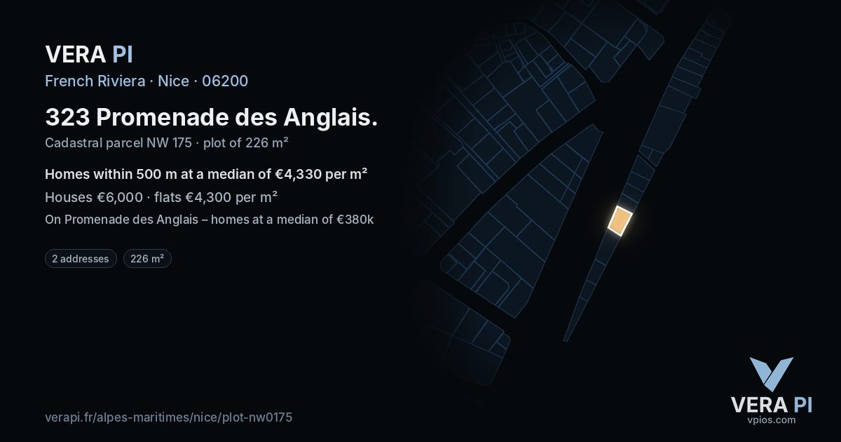 323 Promenade des Anglais, Nice at night – the plot lit, the parcels around coloured by the prices near them