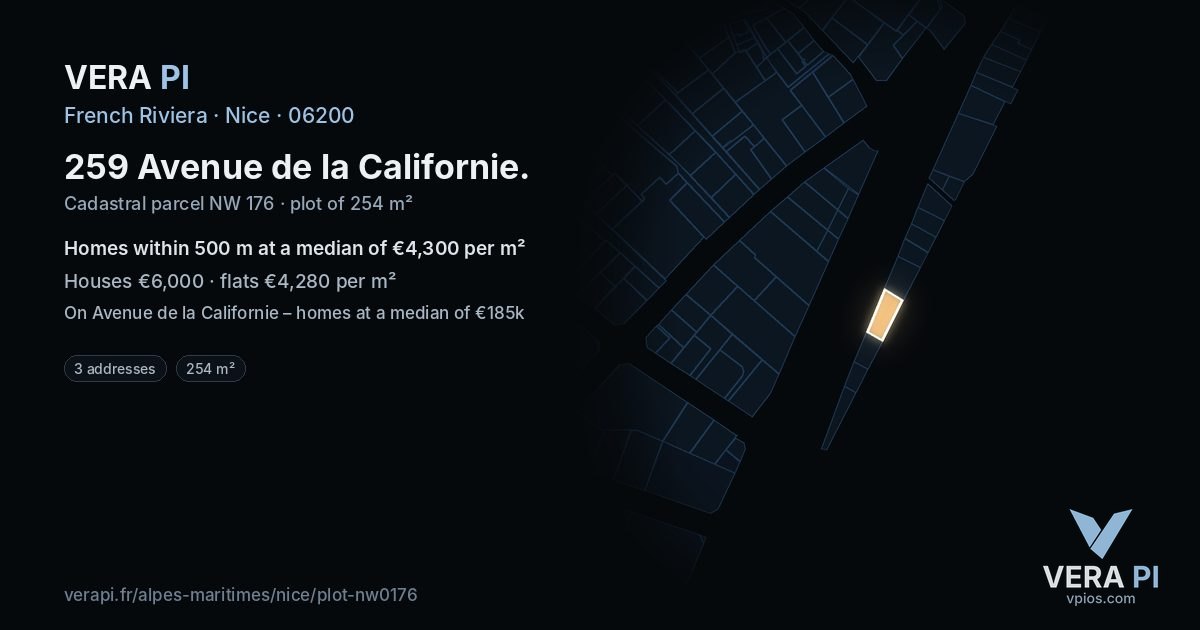 259 Avenue de la Californie, Nice at night – the plot lit, the parcels around coloured by the prices near them