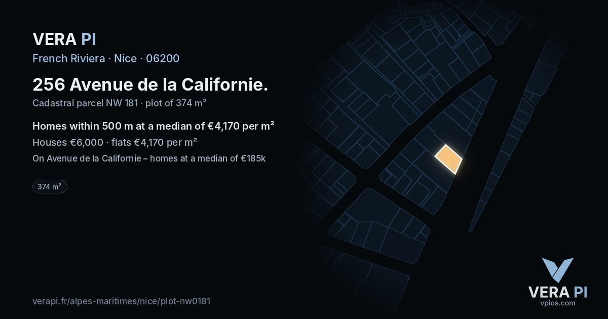 256 Avenue de la Californie, Nice at night – the plot lit, the parcels around coloured by the prices near them