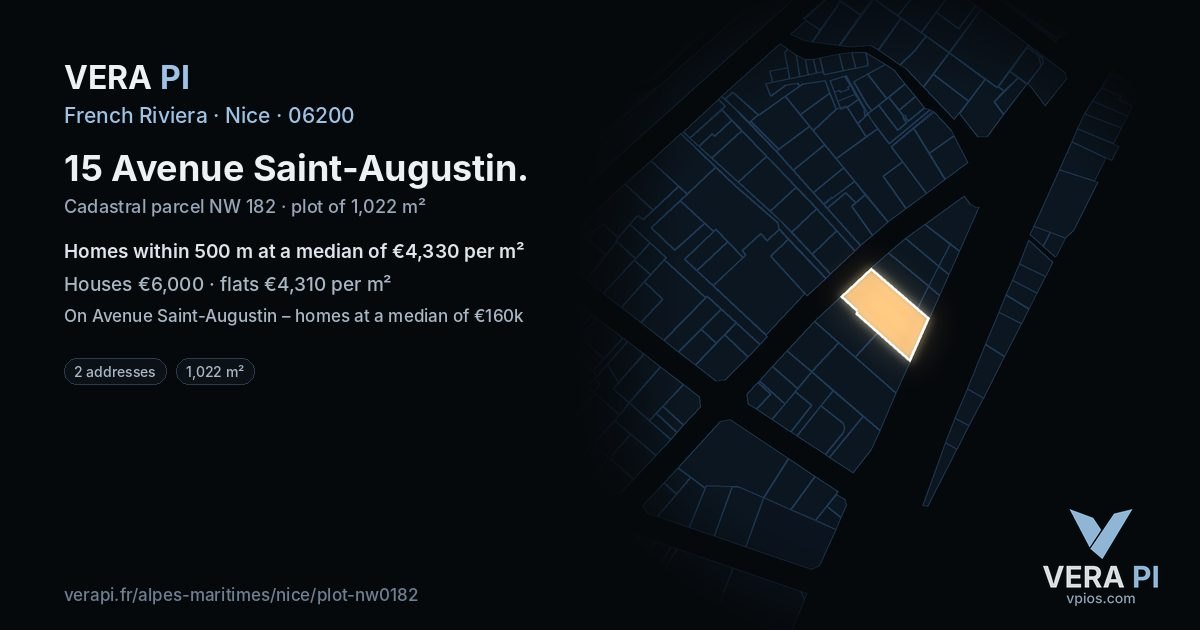 15 Avenue Saint-Augustin, Nice at night – the plot lit, the parcels around coloured by the prices near them