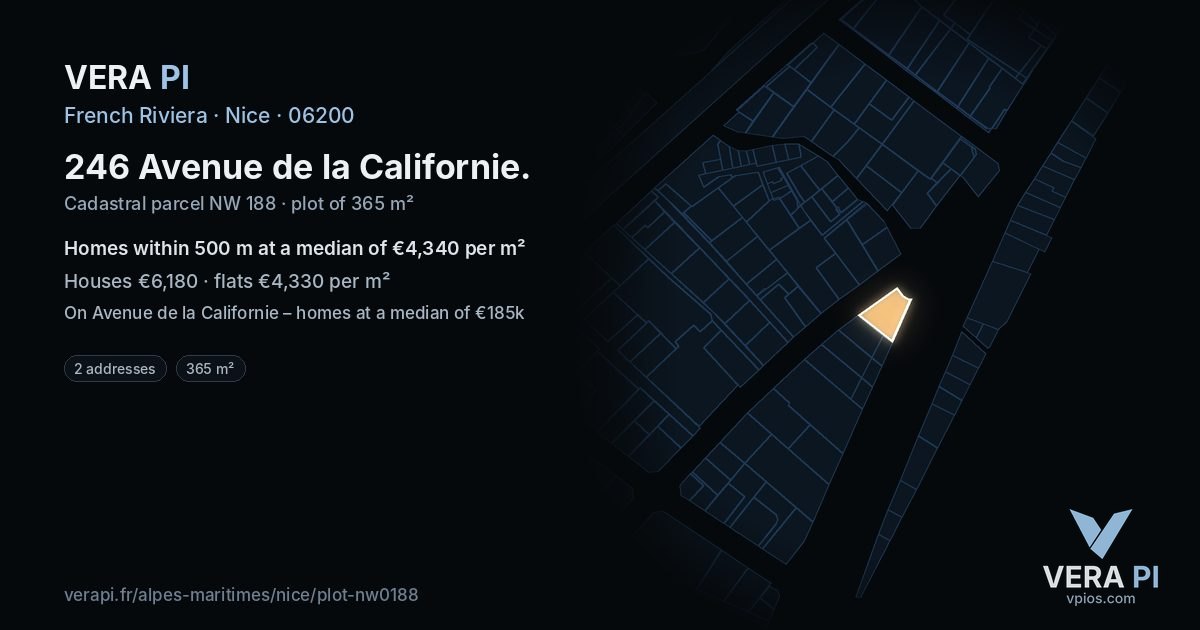 246 Avenue de la Californie, Nice at night – the plot lit, the parcels around coloured by the prices near them