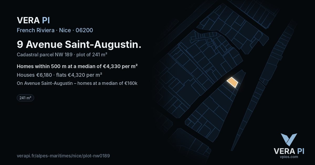 9 Avenue Saint-Augustin, Nice at night – the plot lit, the parcels around coloured by the prices near them