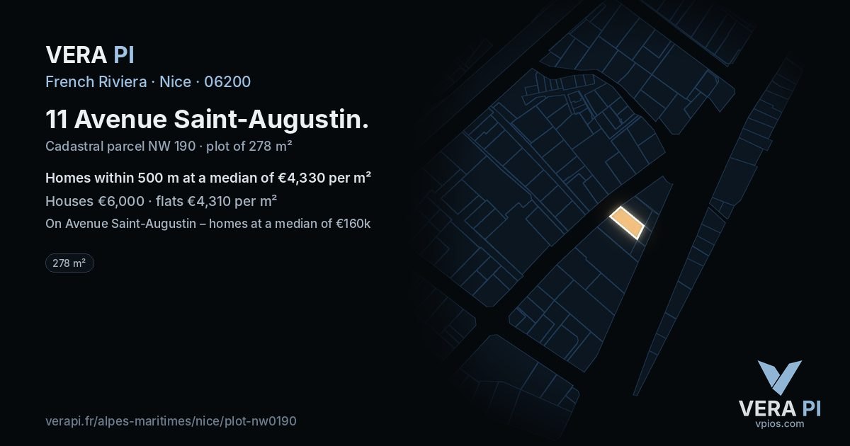 11 Avenue Saint-Augustin, Nice at night – the plot lit, the parcels around coloured by the prices near them