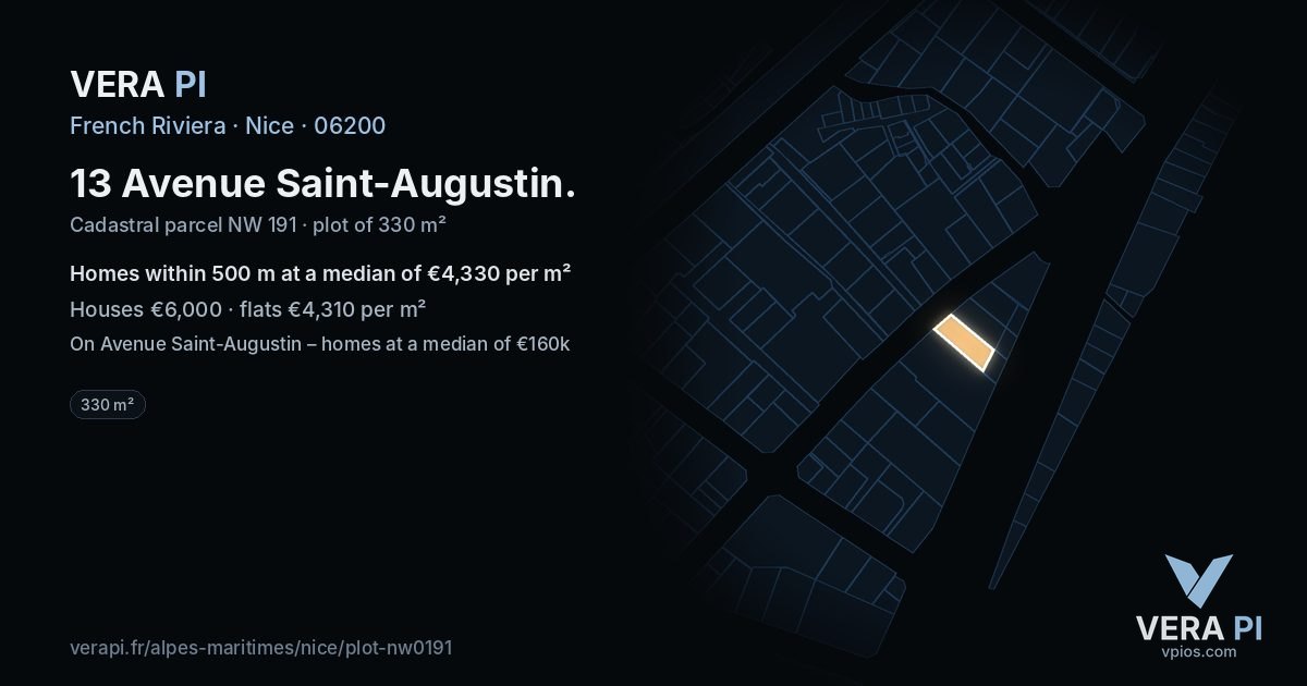 13 Avenue Saint-Augustin, Nice at night – the plot lit, the parcels around coloured by the prices near them