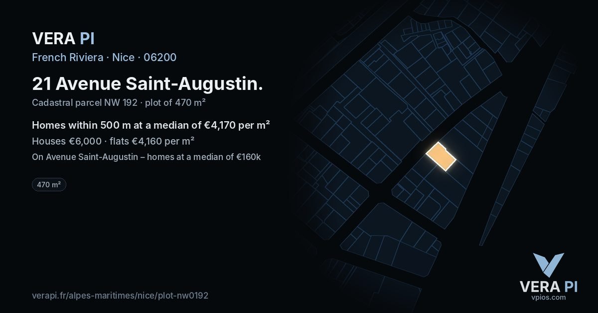 21 Avenue Saint-Augustin, Nice at night – the plot lit, the parcels around coloured by the prices near them