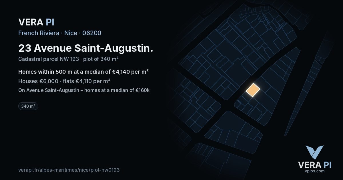 23 Avenue Saint-Augustin, Nice at night – the plot lit, the parcels around coloured by the prices near them