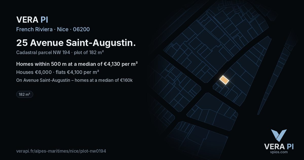 25 Avenue Saint-Augustin, Nice at night – the plot lit, the parcels around coloured by the prices near them