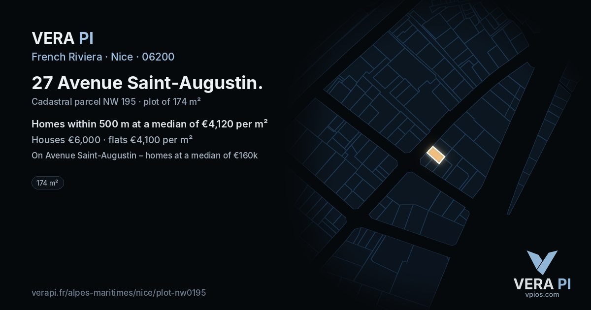 27 Avenue Saint-Augustin, Nice at night – the plot lit, the parcels around coloured by the prices near them