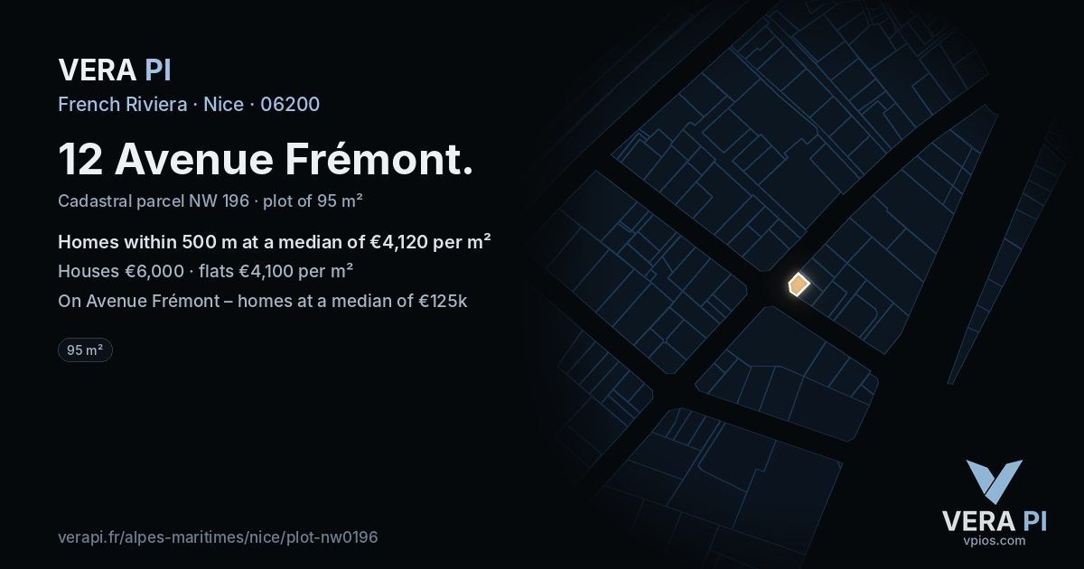 12 Avenue Frémont, Nice at night – the plot lit, the parcels around coloured by the prices near them
