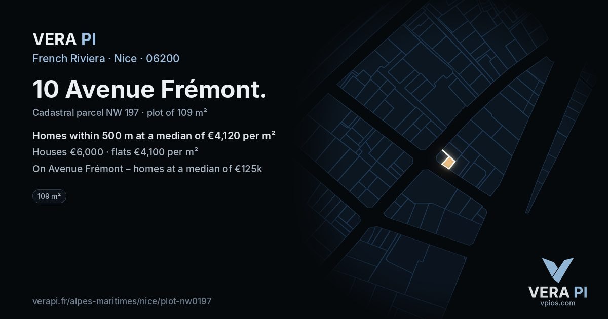 10 Avenue Frémont, Nice at night – the plot lit, the parcels around coloured by the prices near them