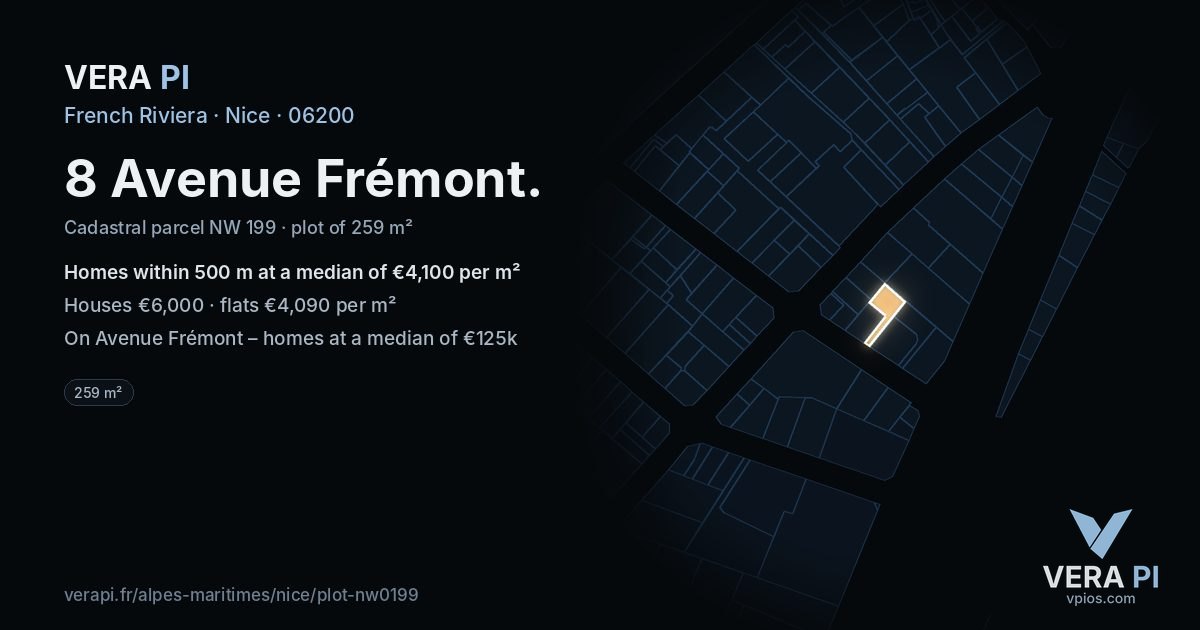 8 Avenue Frémont, Nice at night – the plot lit, the parcels around coloured by the prices near them