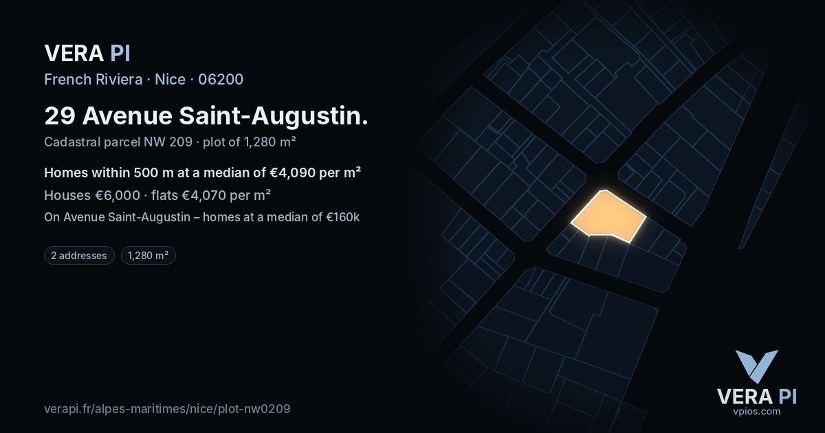 29 Avenue Saint-Augustin, Nice at night – the plot lit, the parcels around coloured by the prices near them