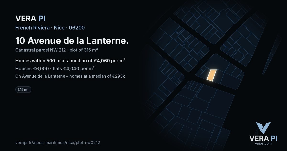 10 Avenue de la Lanterne, Nice at night – the plot lit, the parcels around coloured by the prices near them