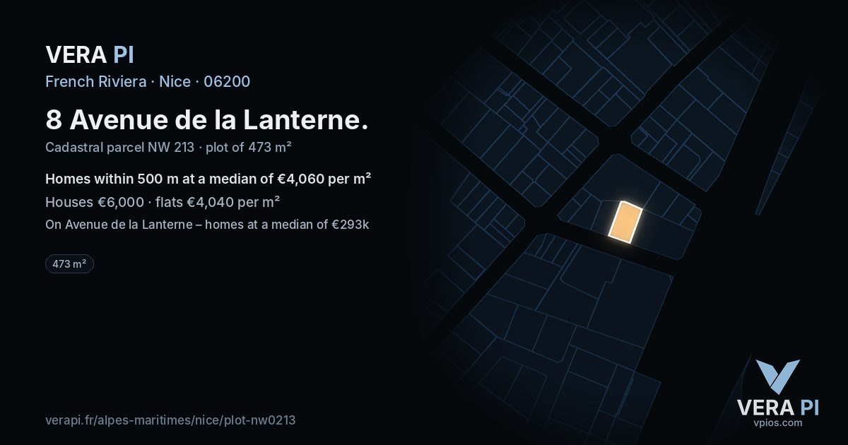 8 Avenue de la Lanterne, Nice at night – the plot lit, the parcels around coloured by the prices near them