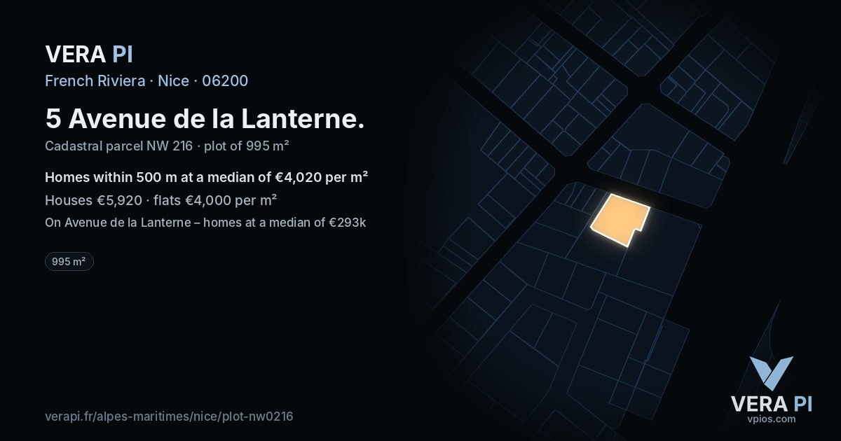 5 Avenue de la Lanterne, Nice at night – the plot lit, the parcels around coloured by the prices near them