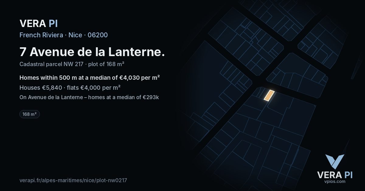 7 Avenue de la Lanterne, Nice at night – the plot lit, the parcels around coloured by the prices near them
