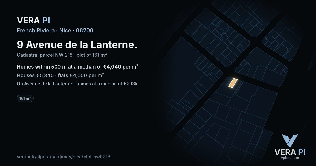 9 Avenue de la Lanterne, Nice at night – the plot lit, the parcels around coloured by the prices near them