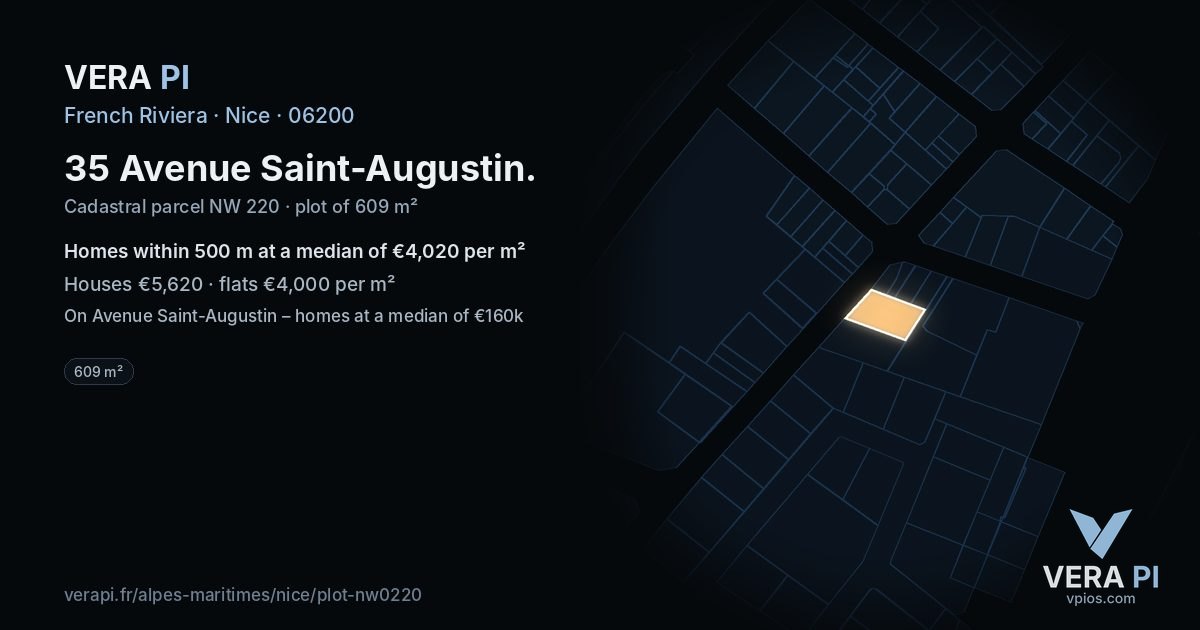 35 Avenue Saint-Augustin, Nice at night – the plot lit, the parcels around coloured by the prices near them